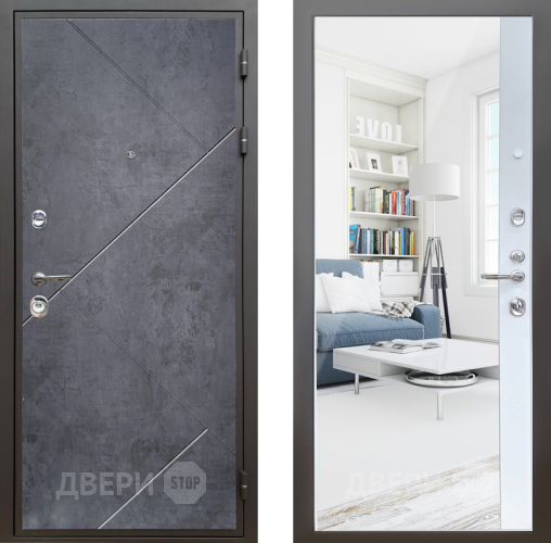 Входная металлическая Дверь Шелтер (SHELTER) Комфорт Бетон урбан индиго 14 с зеркалом Белый матовый