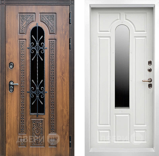 Входная металлическая Дверь Престиж TERMO с терморазрывом Лацио Орех White с окном и ковкой Белый матовый